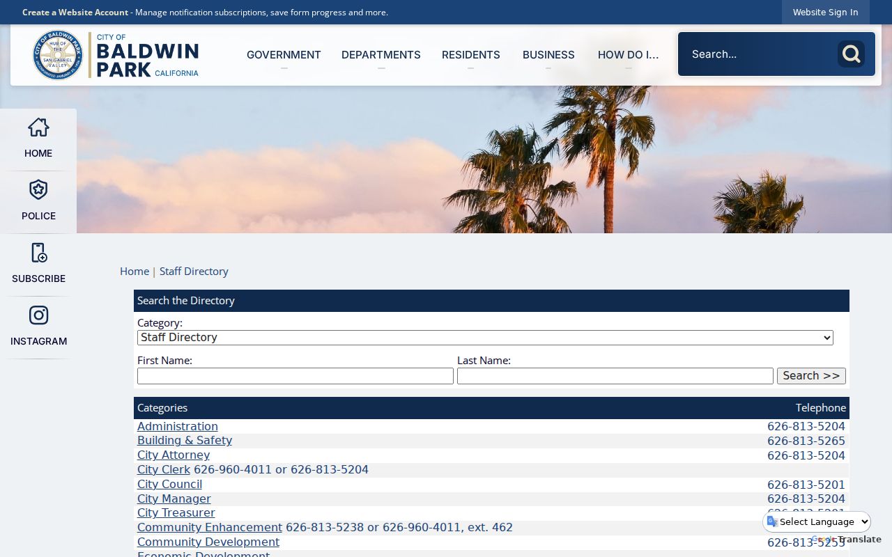 Baldwin Park people directories city staff directory search fields