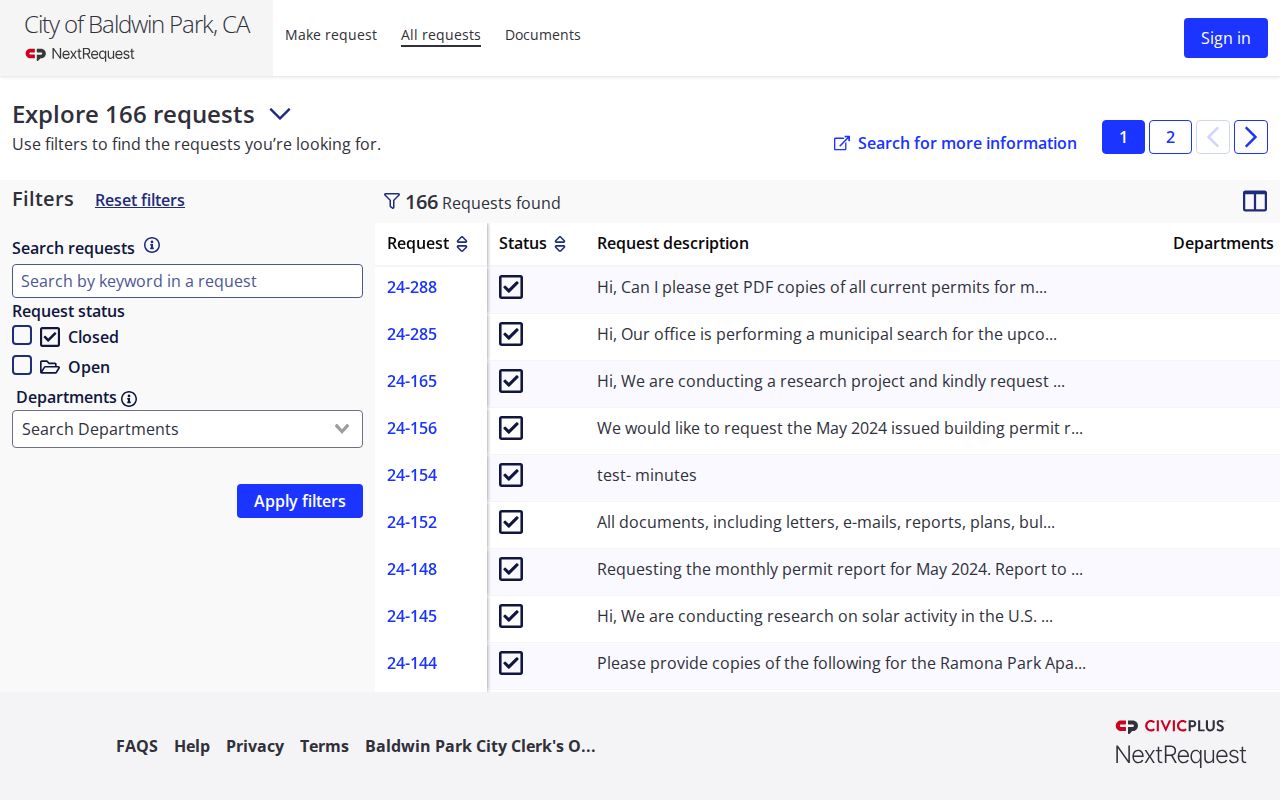 Baldwin Park public records request portal for city records