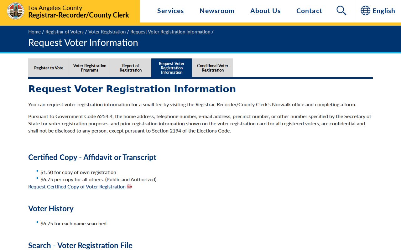 Baldwin Park voter registration records request page from Los Angeles County Registrar-Recorder